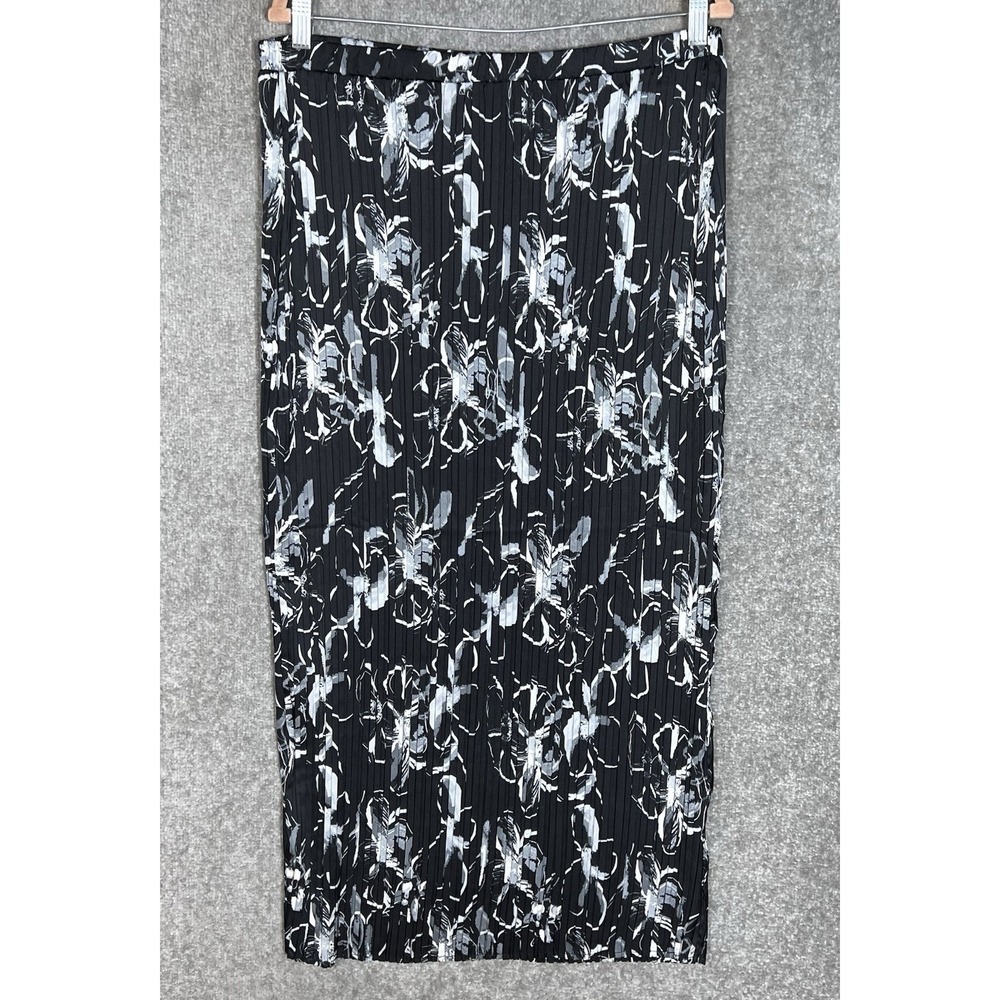 Sunny Leigh Pleated Maxi Skirt Womens Size Large Black Floral Stretch Pull On